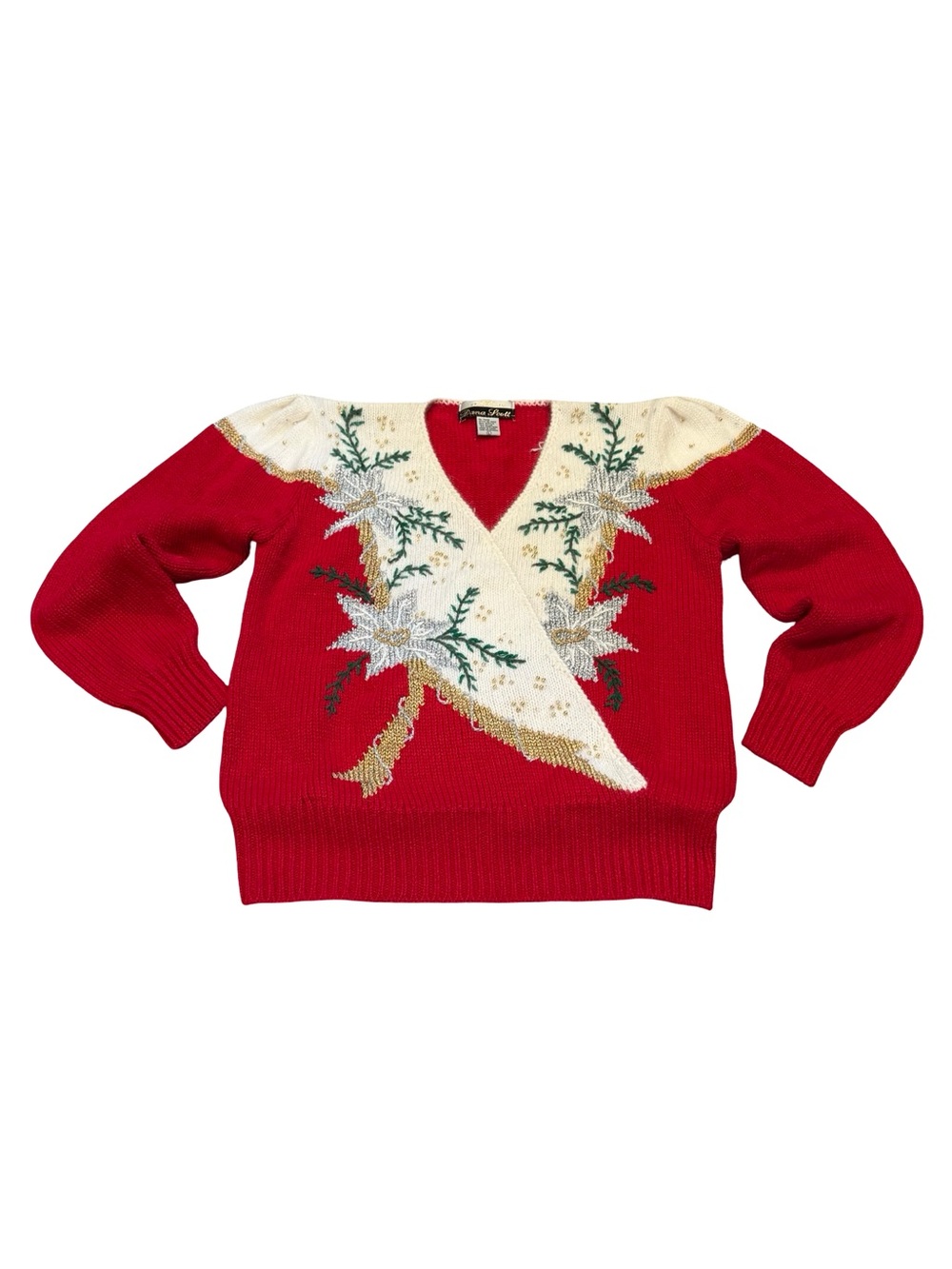 Vintage Dana Scott women's Red Holiday V-Neck Sweater embroidered floral details